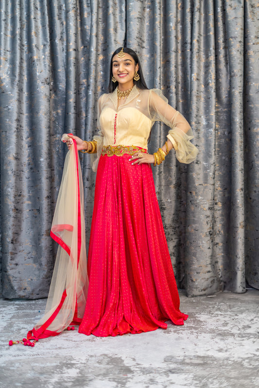 Red Chinon Silk Anarkali Set