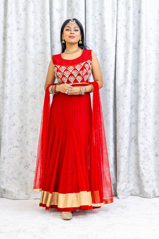 Red Net Punjabi Set with Swarovski Stone Work