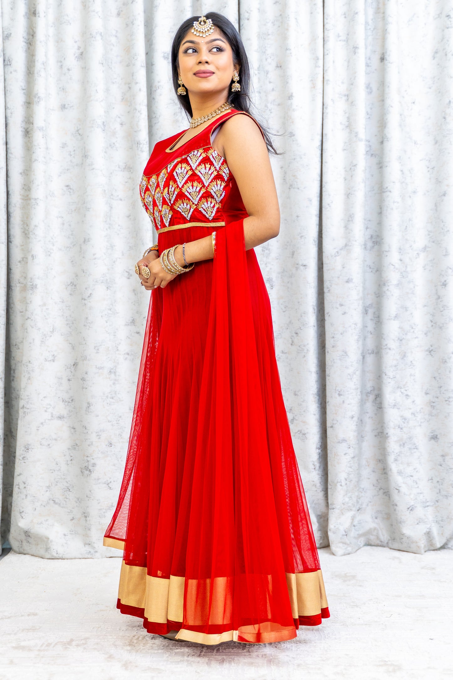 Red Net Punjabi Set with Swarovski Stone Work