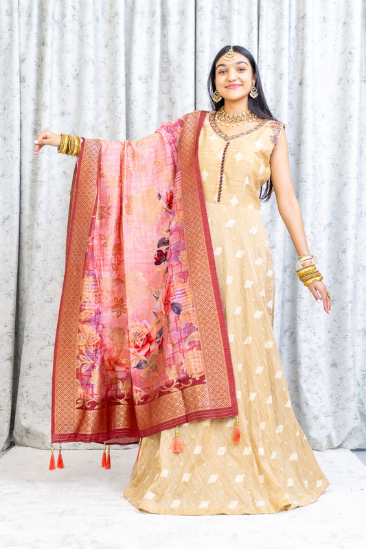 Light Peach Borcade Punjabi Set with Contrast Scarf