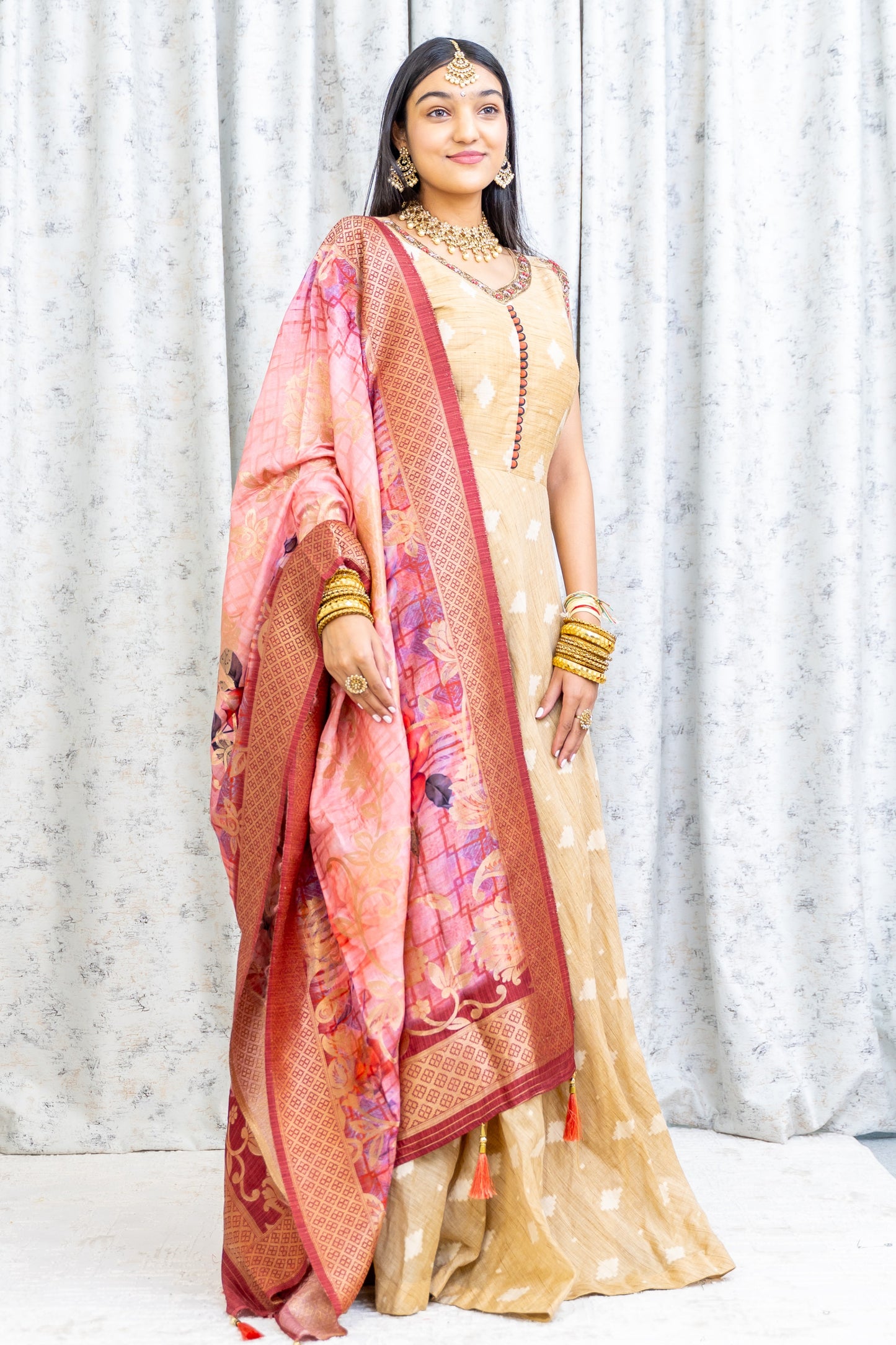 Light Peach Borcade Punjabi Set with Contrast Scarf