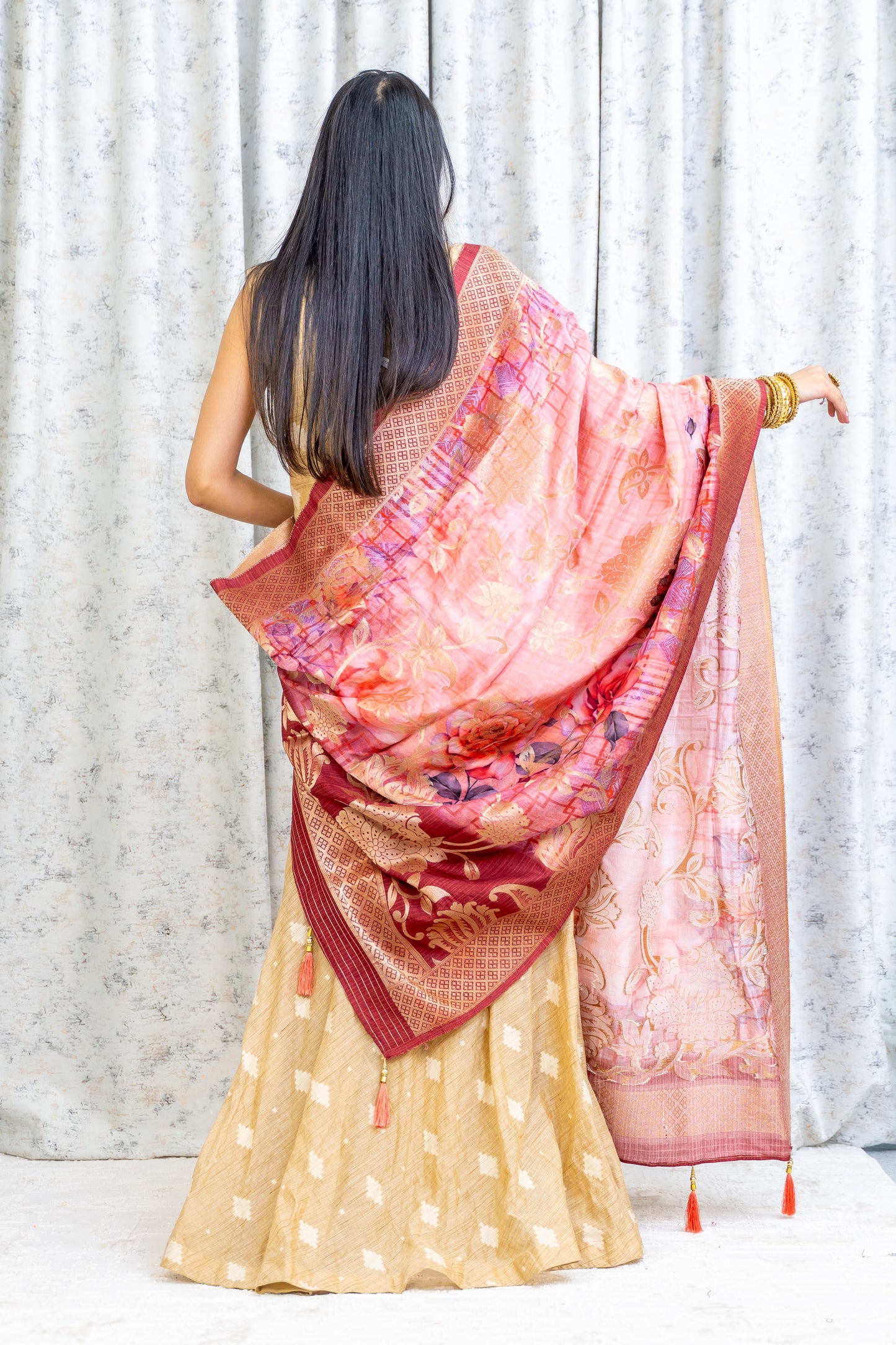 Light Peach Borcade Punjabi Set with Contrast Scarf