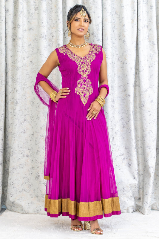 Purple Net Punjabi Set with Gold Swarovski Stone Work