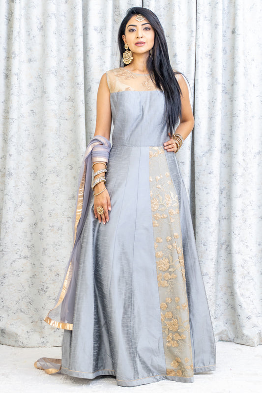 Grey Raw Silk Punjabi Set with Net Embroidery Panel