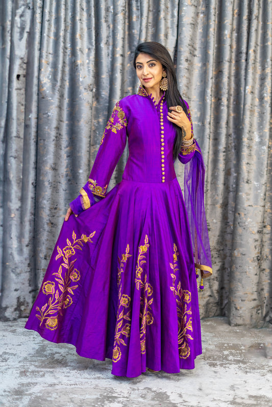 Purple Raw Silk Punjabi Set with Printed Work