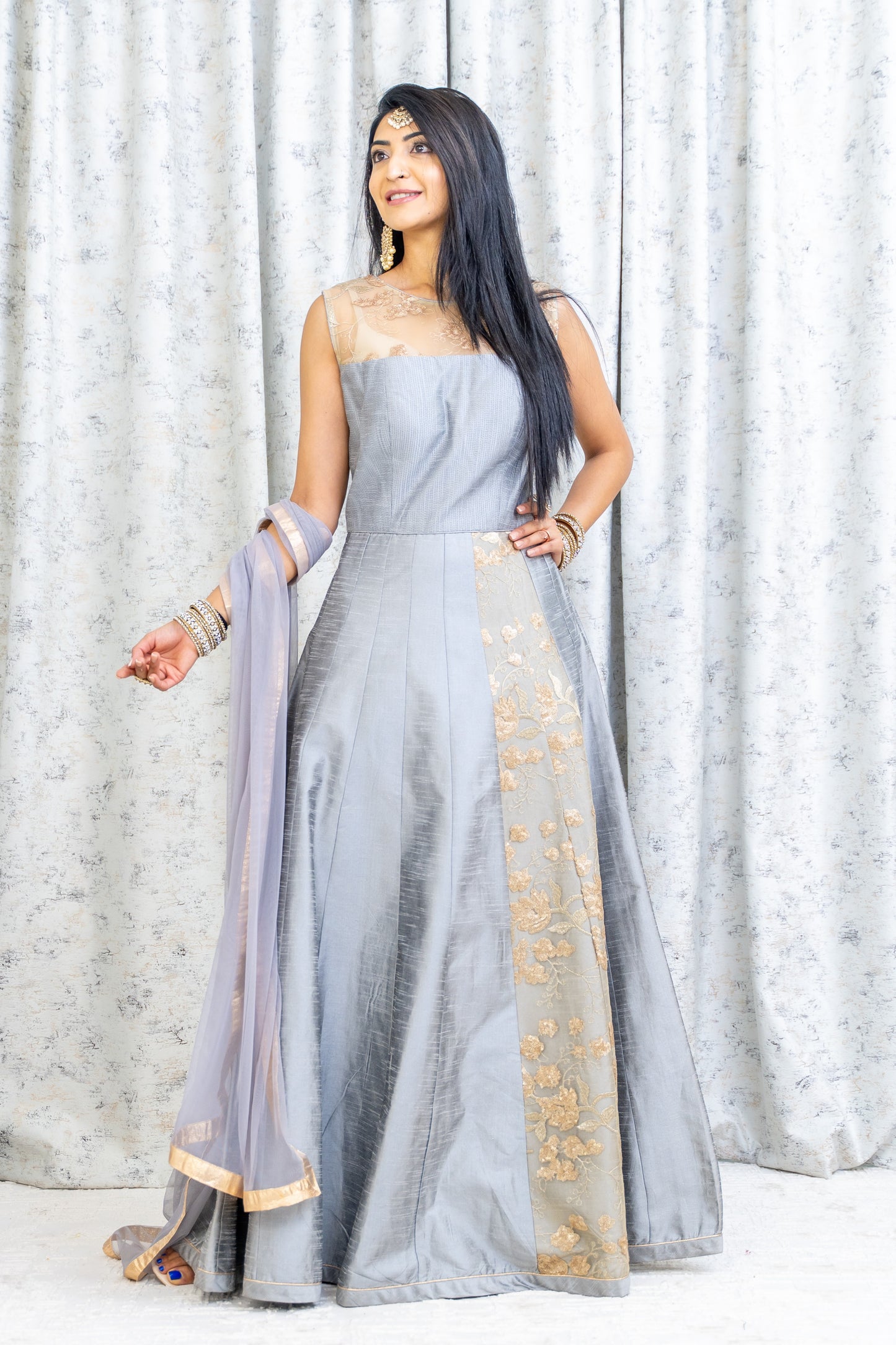 Grey Raw Silk Punjabi Set with Net Embroidery Panel