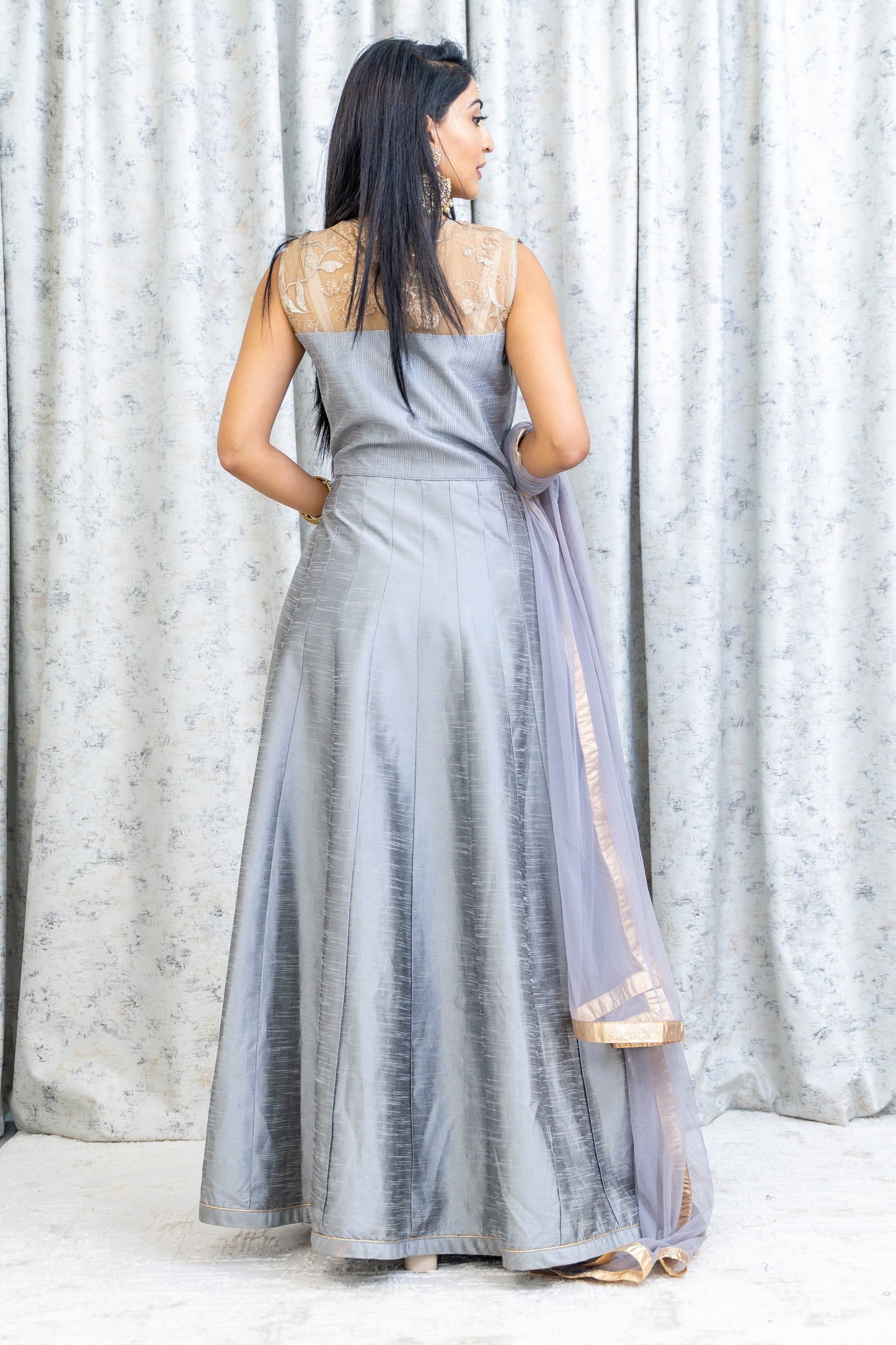 Grey Raw Silk Punjabi Set with Net Embroidery Panel