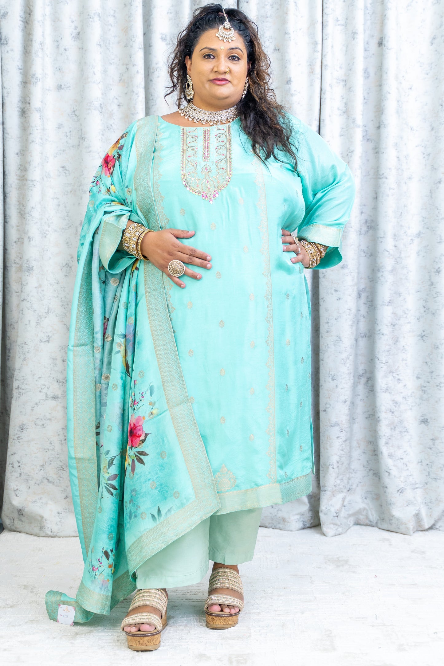 Sky Teal Chinon Silk Punjabi Set