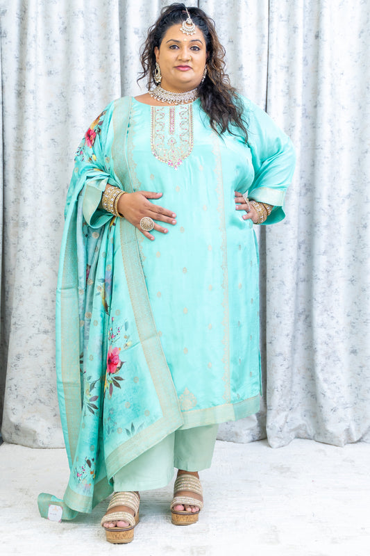Sky Teal Chinon Silk Punjabi Set