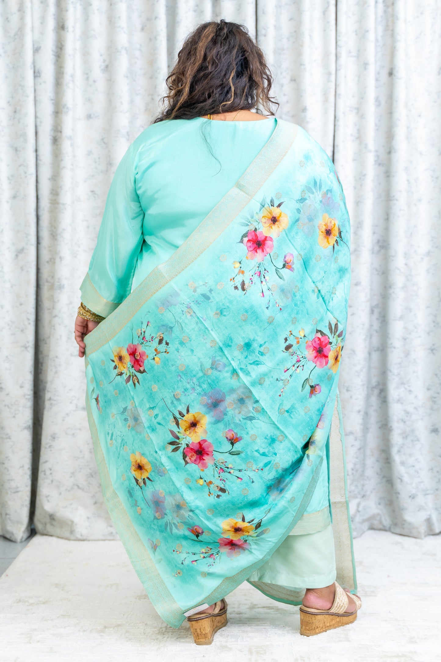 Sky Teal Chinon Silk Punjabi Set