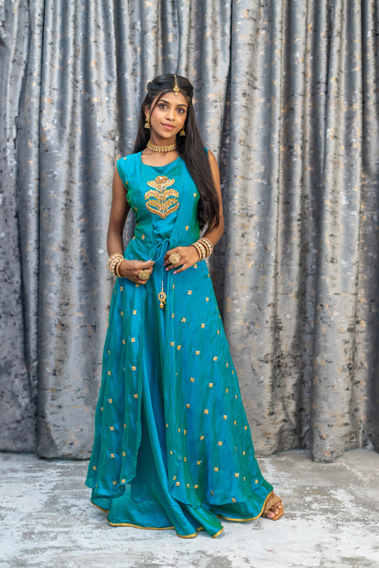 Teal Cotton Punjabi Set with Over Coat