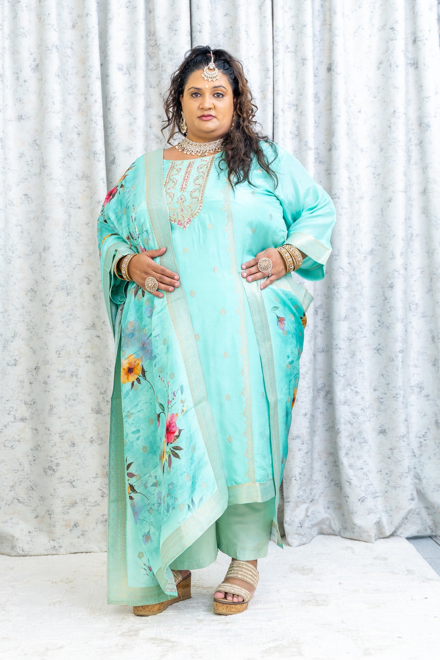 Sky Teal Chinon Silk Punjabi Set
