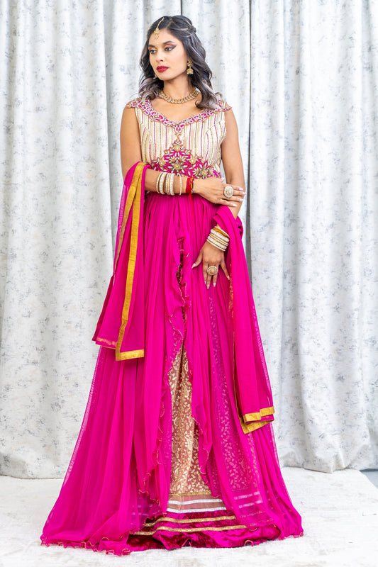 Rani Pink Net Lehenga Choli with Brocade & Swarovski Stone Work