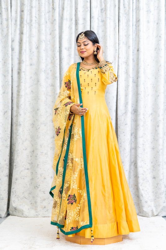 Yellow Golden Cotton Punjabi Set with Contrast Dupatta