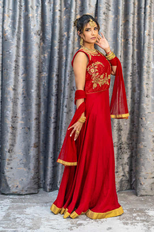 Red Chinon Silk Punjabi with Gold Swarovski Stone Work