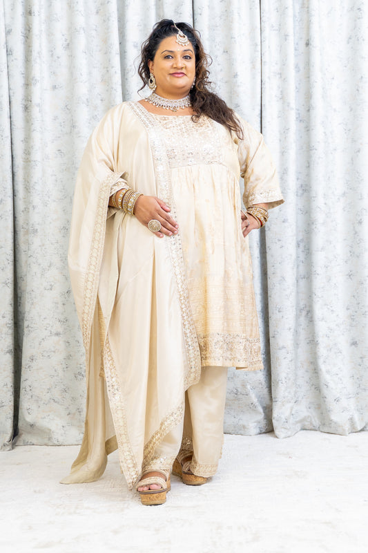 Cream Chinon Silk Punjabi Set with Embroidery
