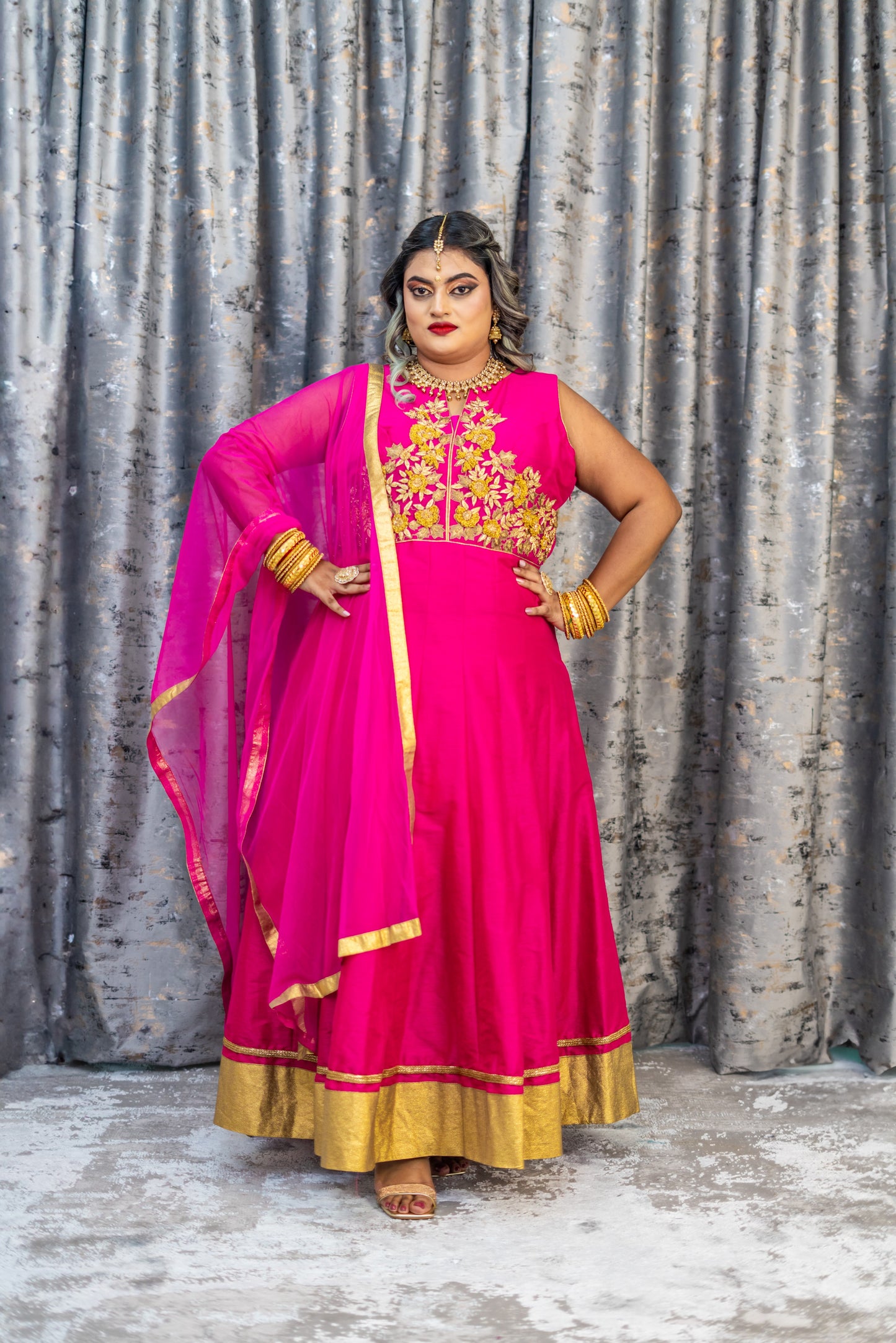 Rani Pink Raw Silk Panjabi Set with Gold Swarovski Stone Work