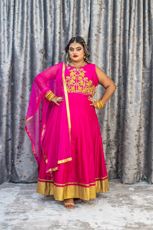Rani Pink Raw Silk Panjabi Set with Gold Swarovski Stone Work