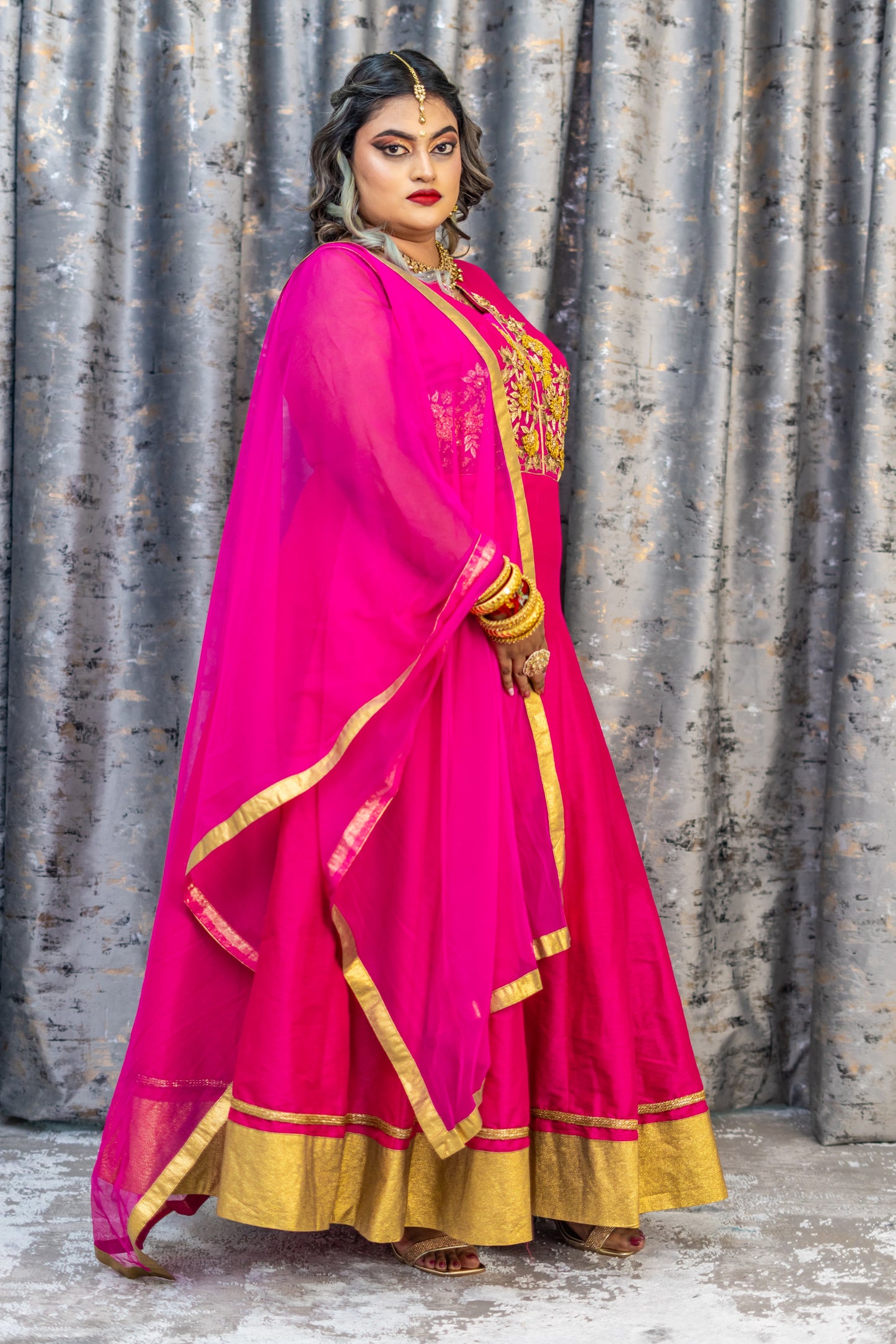 Rani Pink Raw Silk Panjabi Set with Gold Swarovski Stone Work