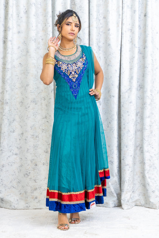 Teal Blue Net Punjabi Set with Swarovski Stone Work