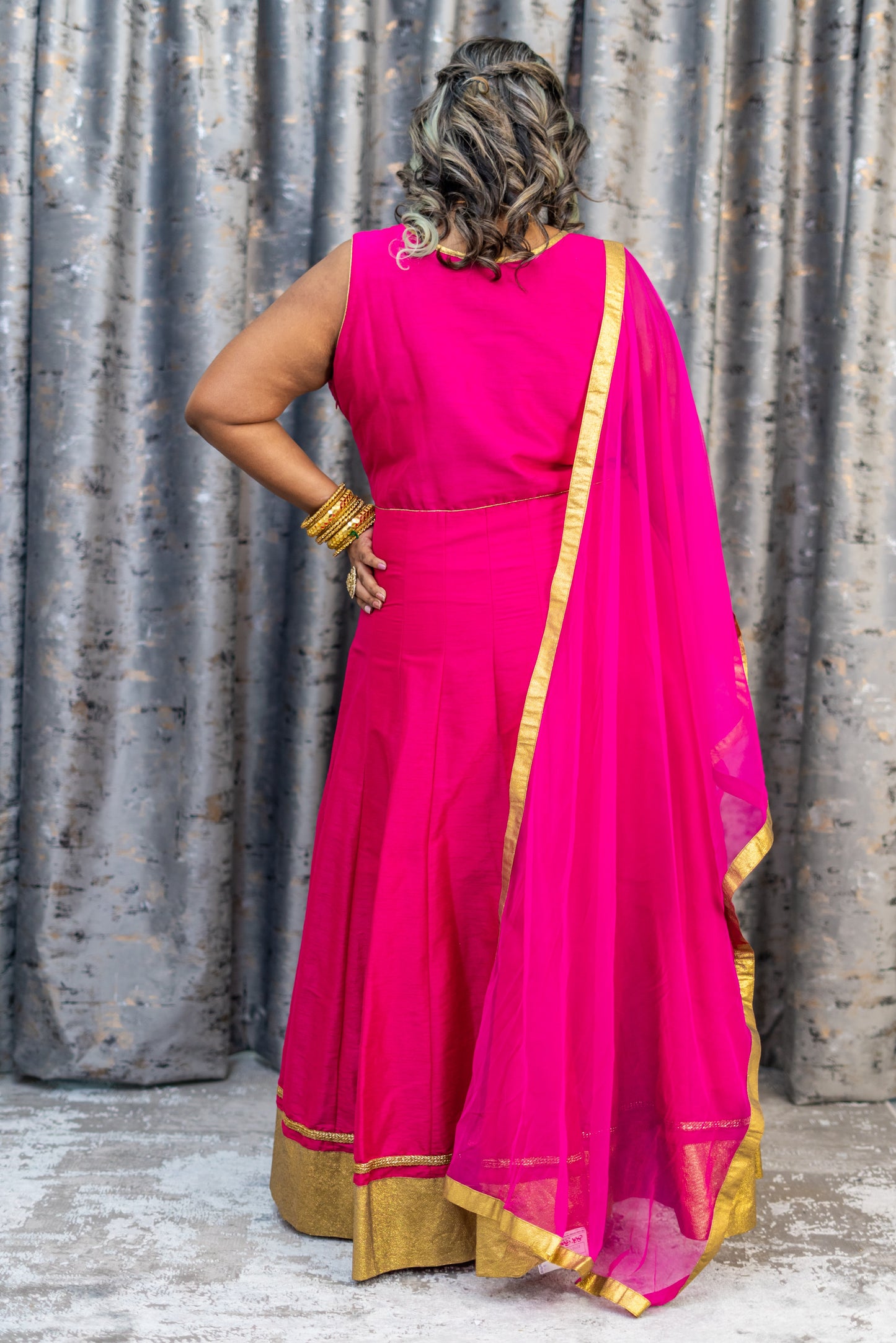 Rani Pink Raw Silk Panjabi Set with Gold Swarovski Stone Work