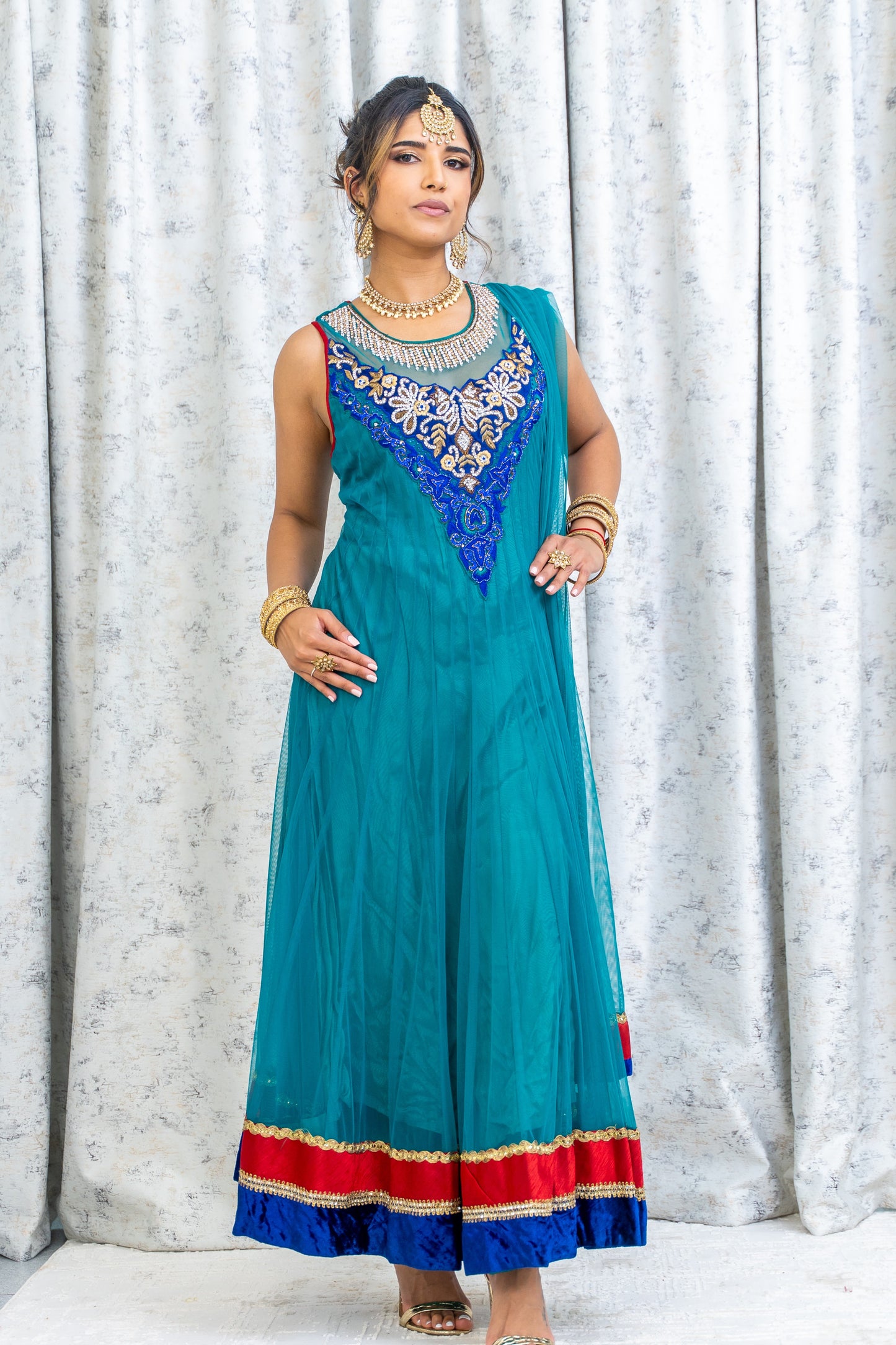 Teal Blue Net Punjabi Set with Swarovski Stone Work