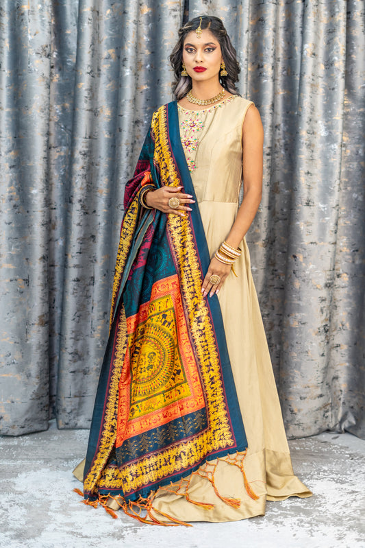 Gold Raw Silk Anarkali Set With Printed Scarf