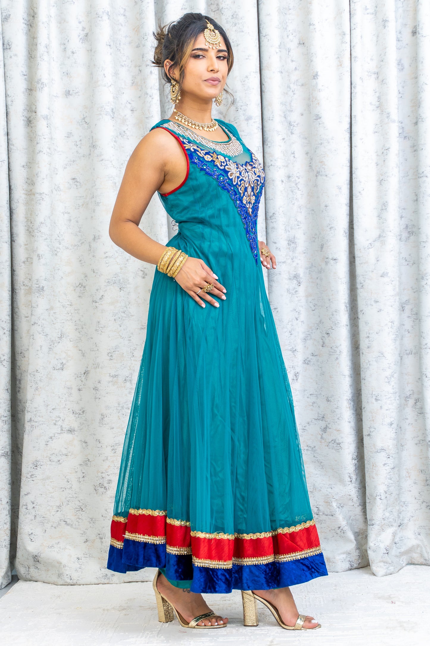 Teal Blue Net Punjabi Set with Swarovski Stone Work