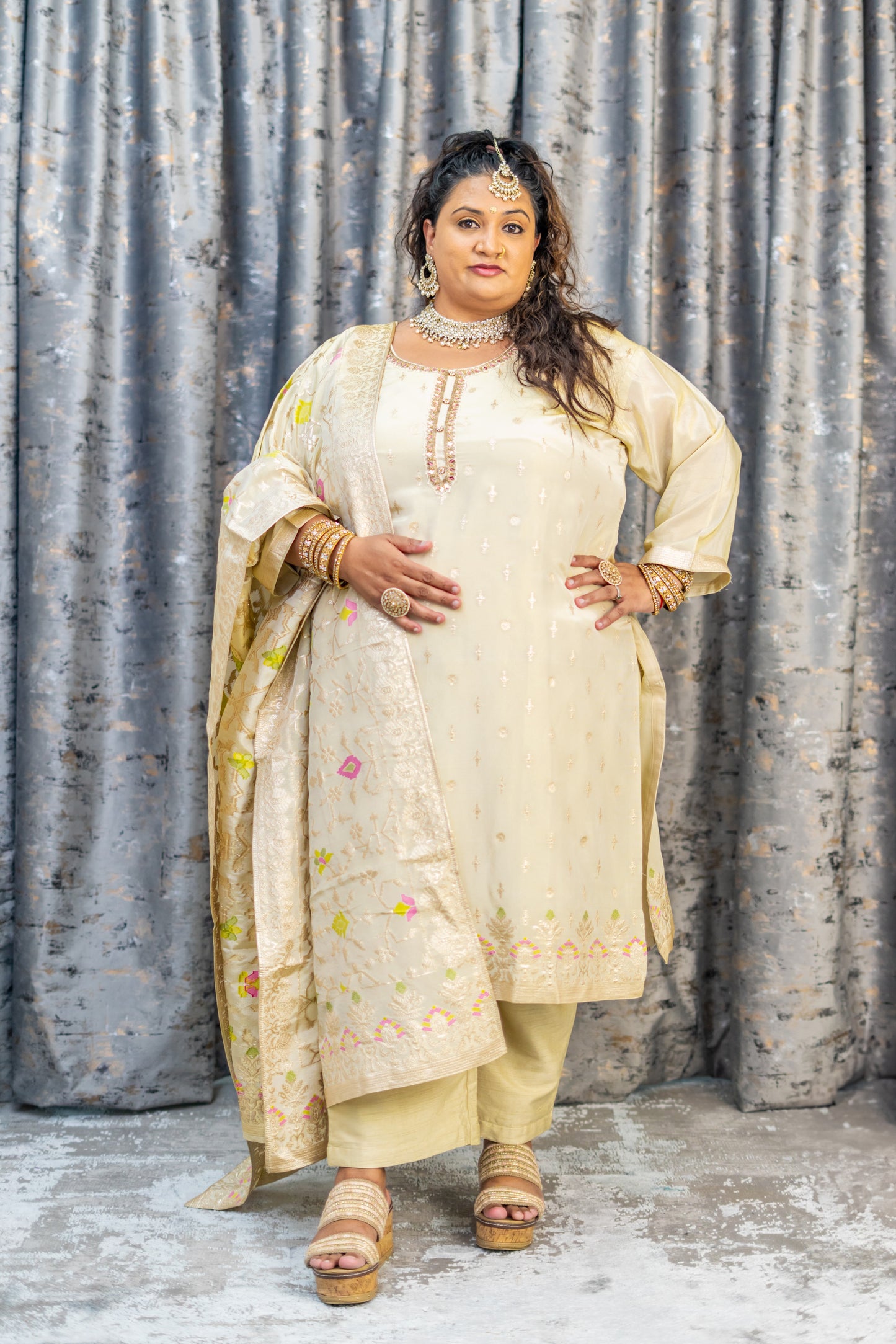 Cream Chinon Silk with Embroidery