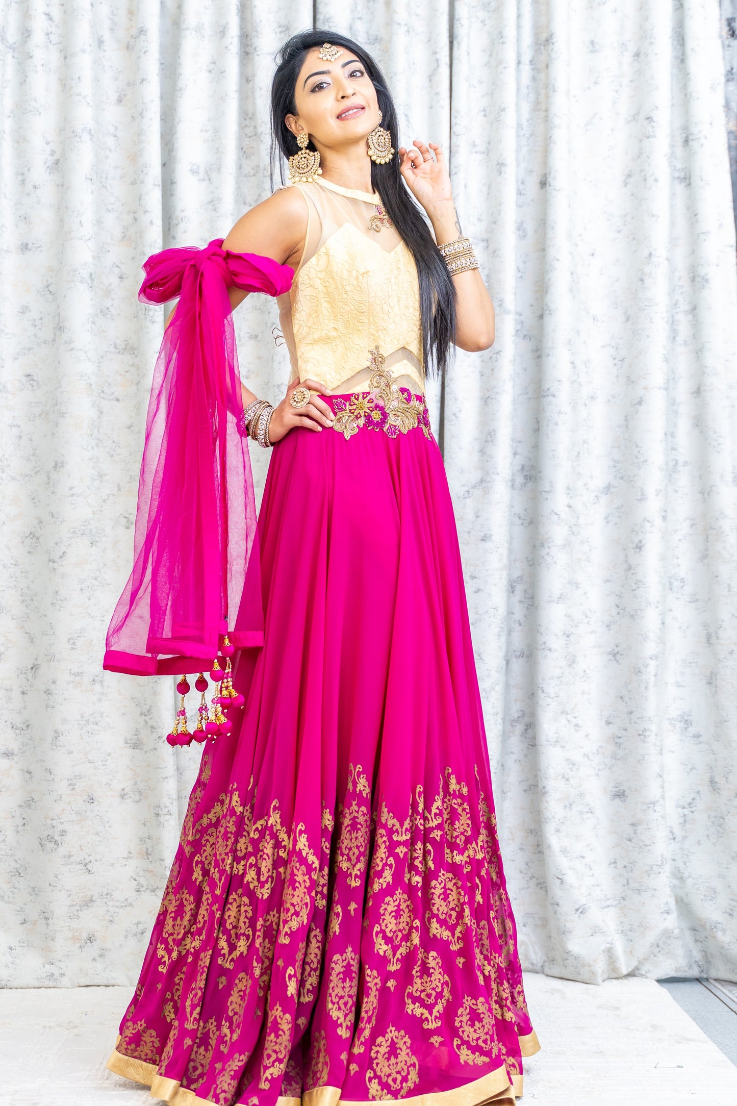 Rani Pink Chinon Silk Printed Punjabi Set