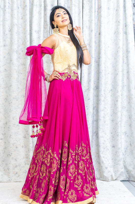 Rani Pink Chinon Silk Printed Punjabi Set