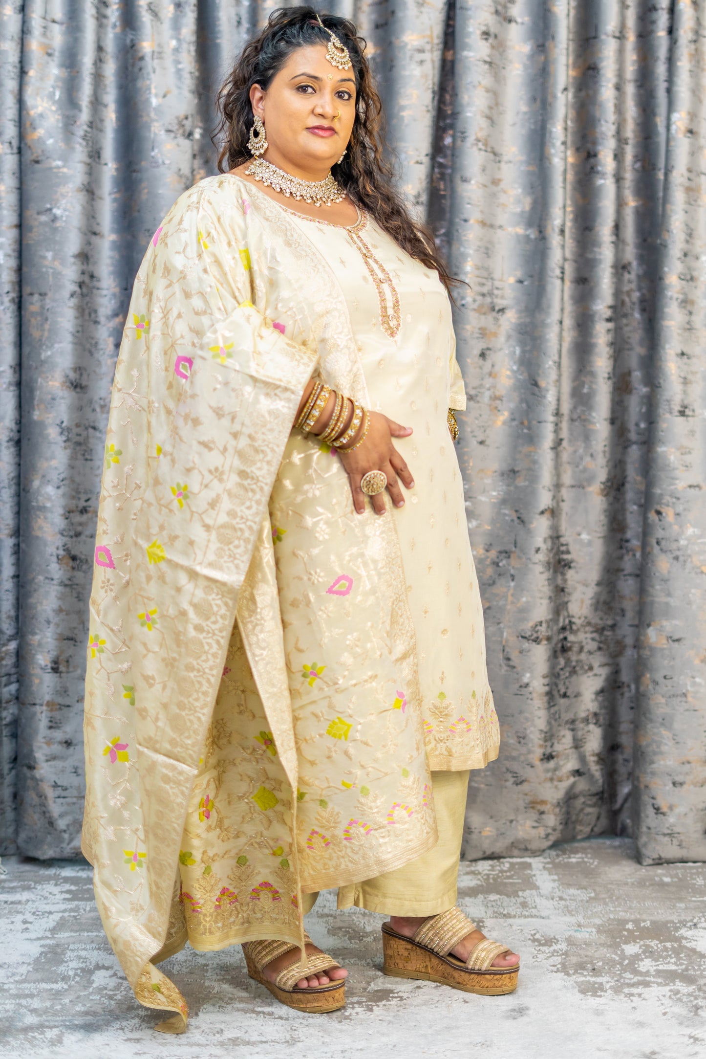 Cream Chinon Silk with Embroidery
