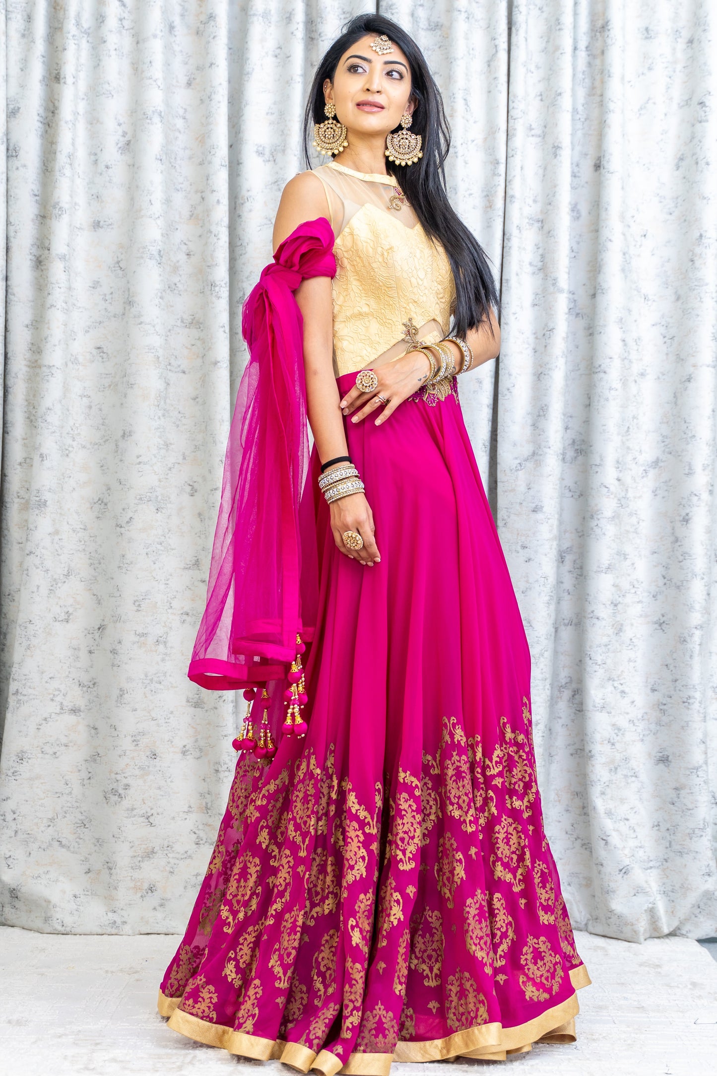 Rani Pink Chinon Silk Printed Punjabi Set