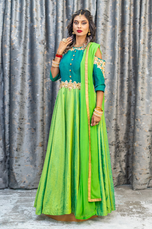 Green Raw Silk Punjabi Set