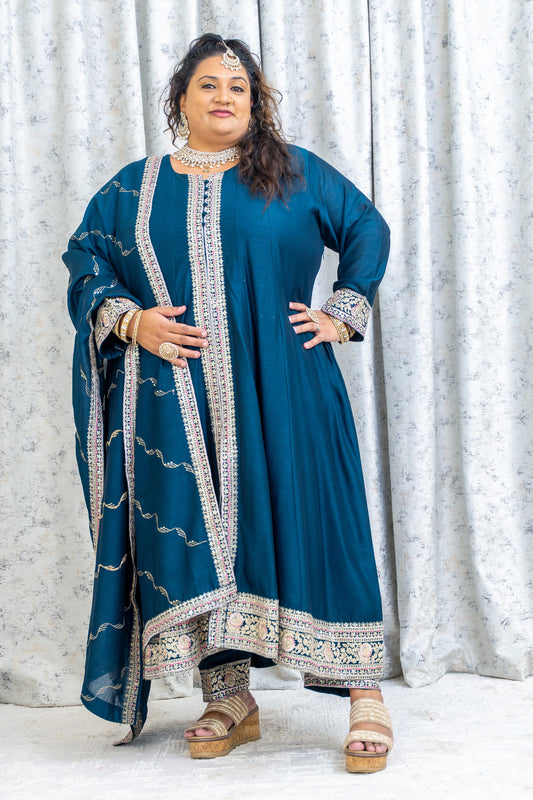 DarK Blue Chinon Silk Punjabi Set