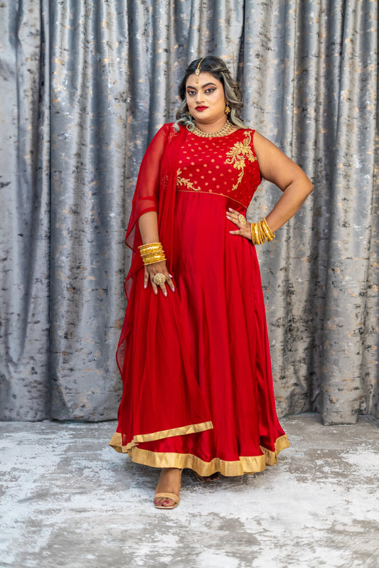 Red Chinon Silk Punjabi Set
