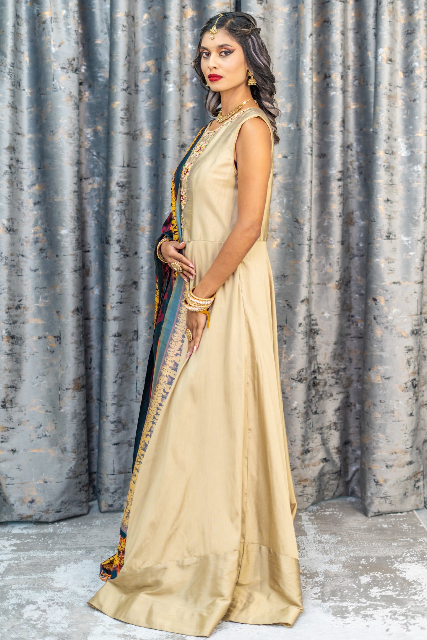 Gold Raw Silk Anarkali Set With Printed Scarf