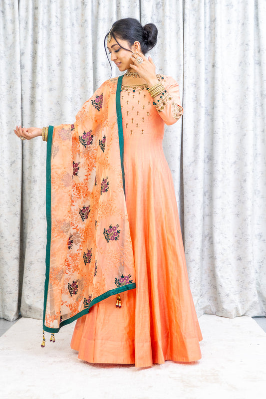 Peach Cotton Punjabi Set with Contrast Dupatta