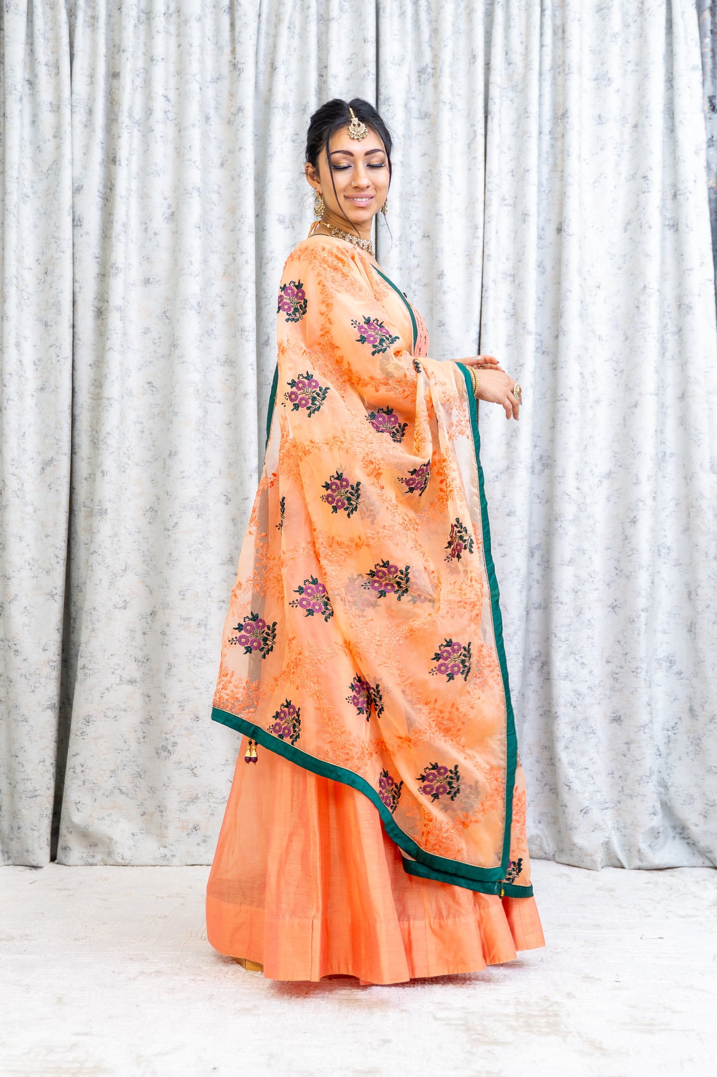 Peach Cotton Punjabi Set with Contrast Dupatta