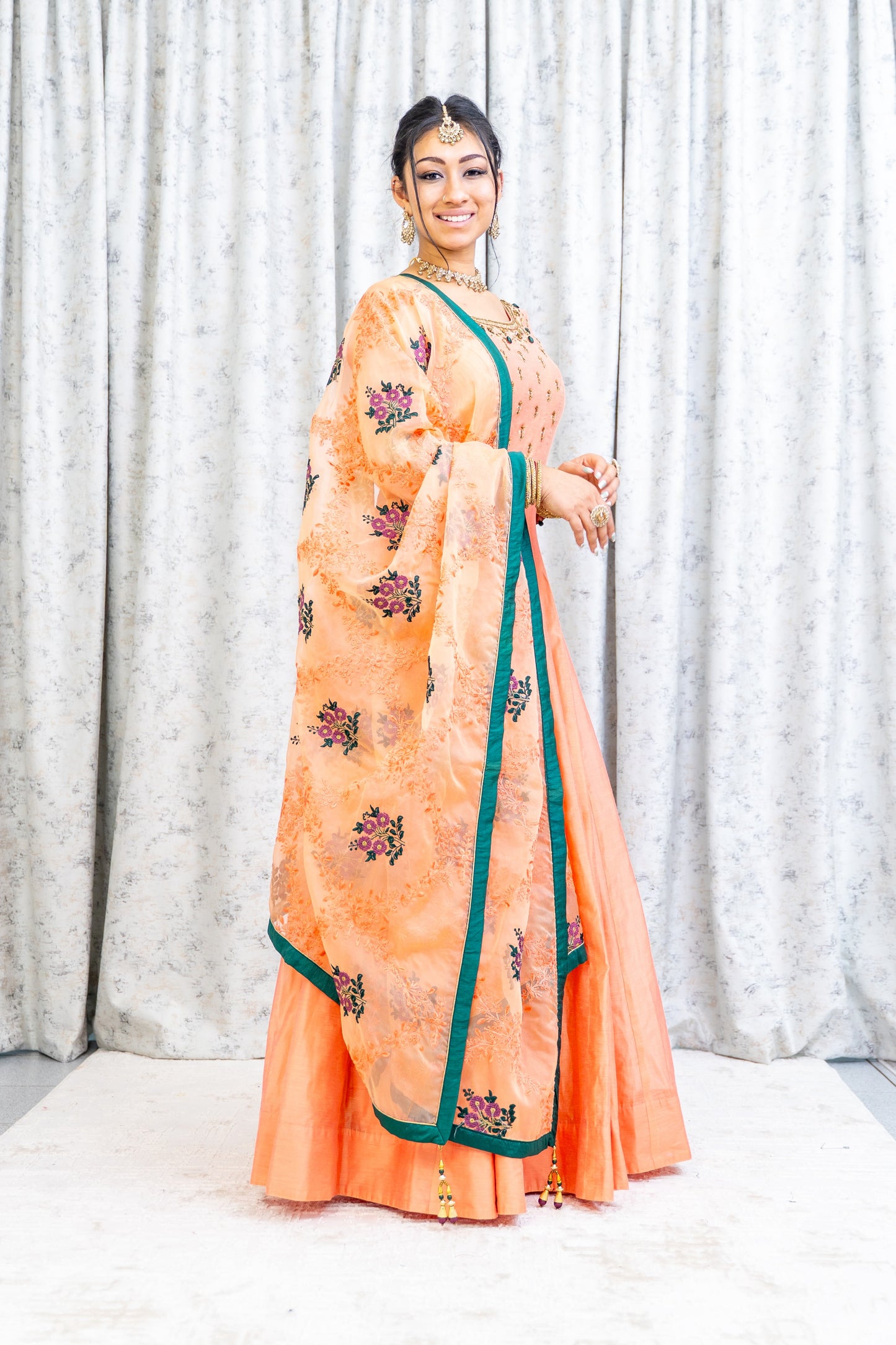 Peach Cotton Punjabi Set with Contrast Dupatta