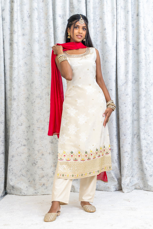 White Soft Brocade Punjabi Set with Embroidery