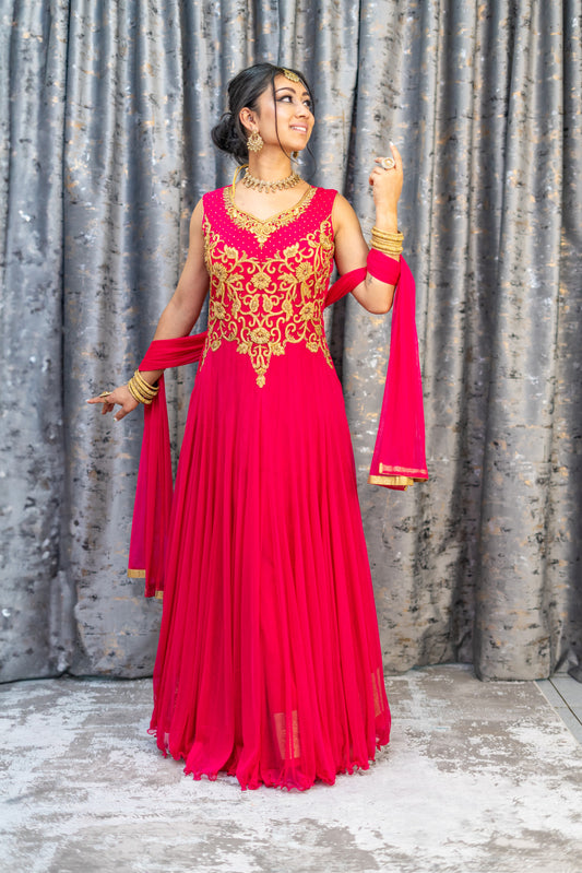 Hot Pink Net Punjabi Set with Swarovski Stone Work
