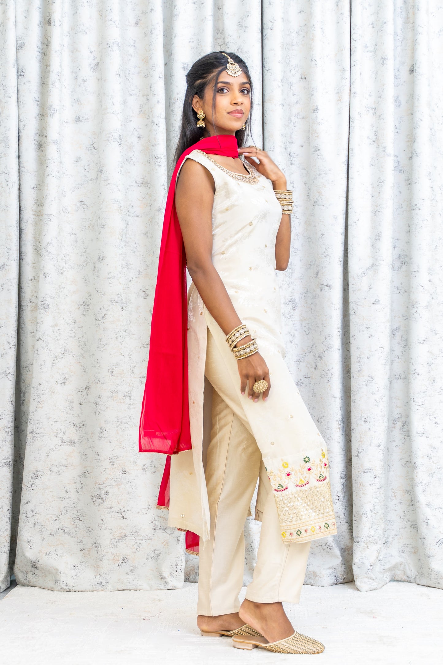 White Soft Brocade Punjabi Set with Embroidery