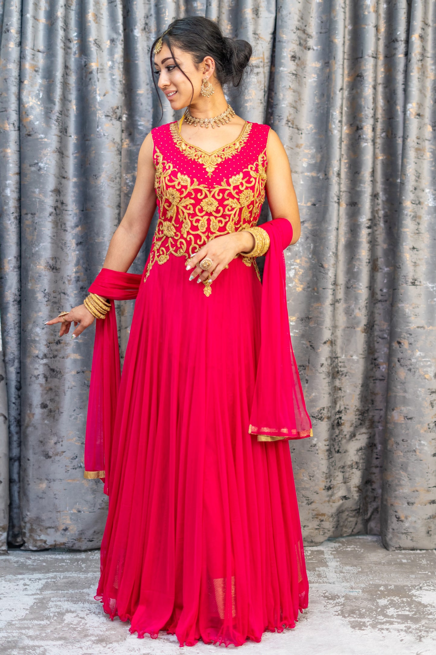 Hot Pink Net Punjabi Set with Swarovski Stone Work