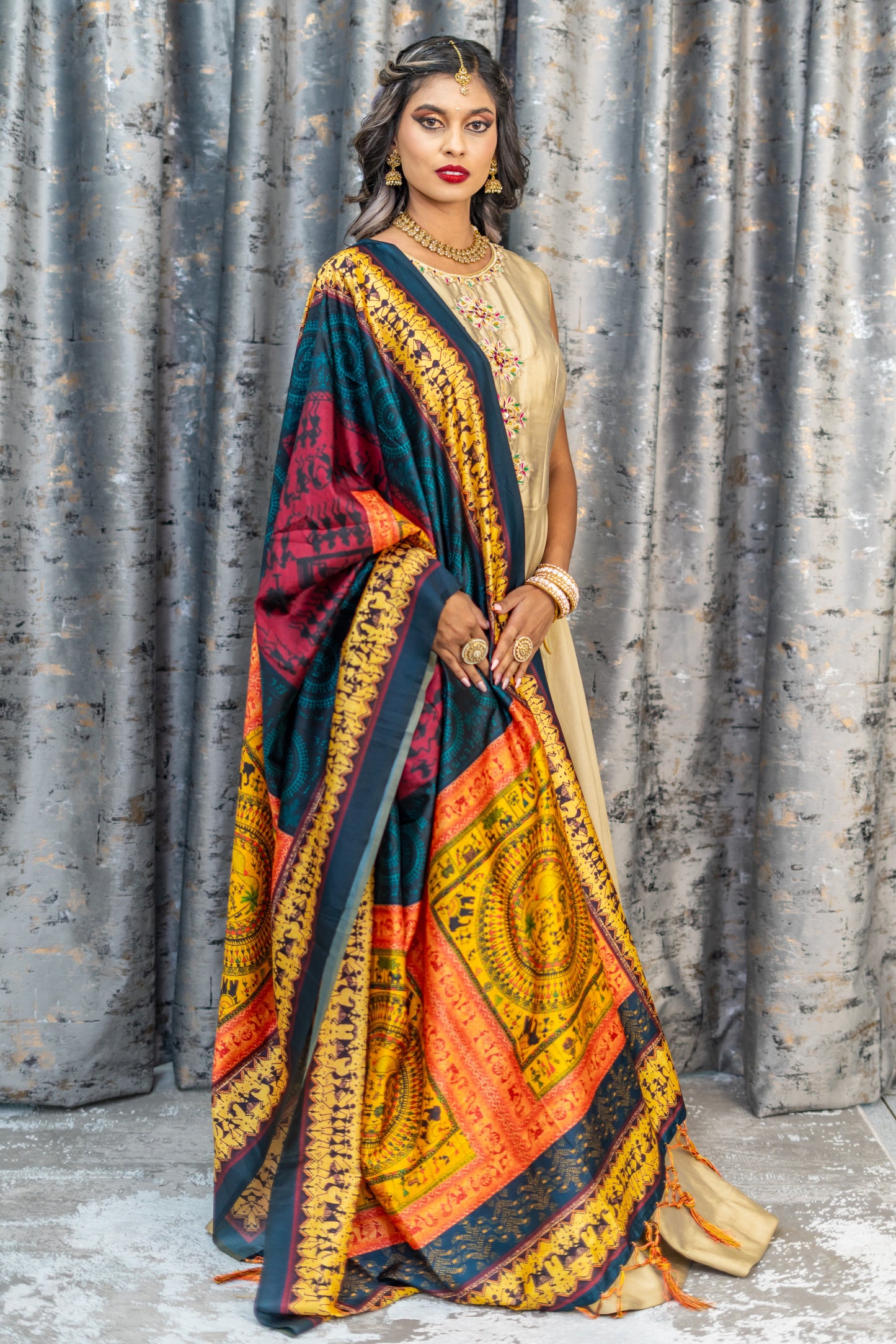 Gold Raw Silk Anarkali Set With Printed Scarf