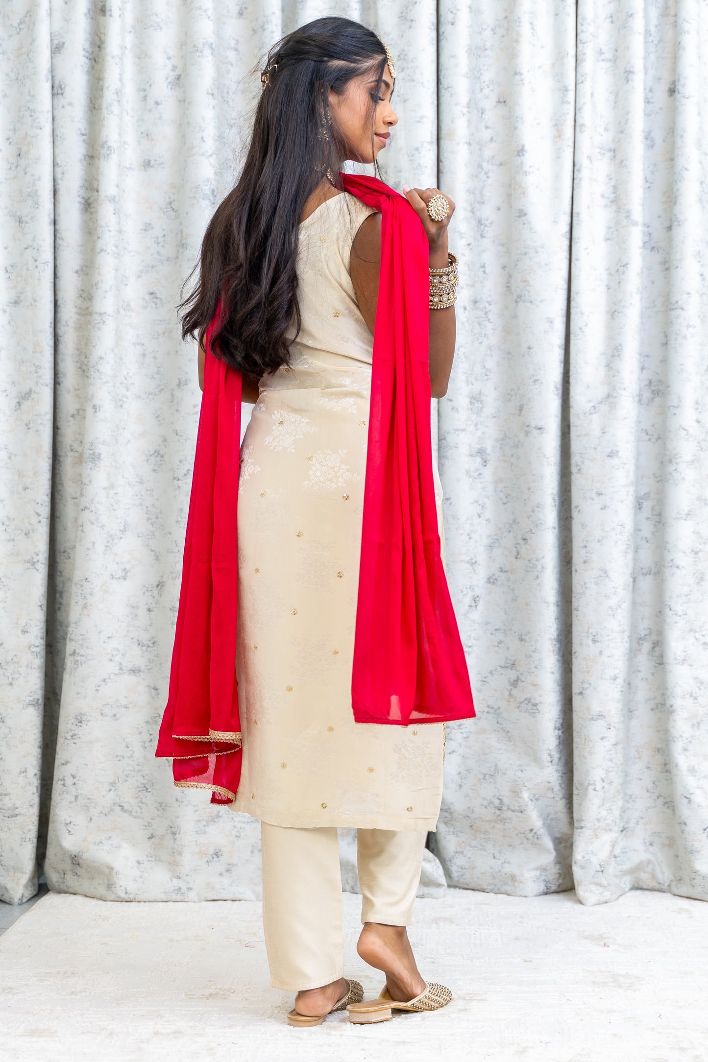 White Soft Brocade Punjabi Set with Embroidery