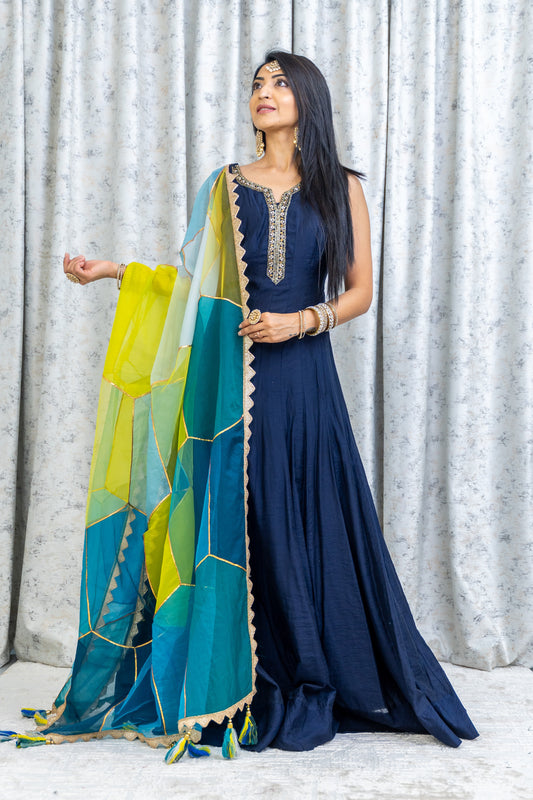 Navy Blue Cotton Punjabi Set with Contrast Dupatta