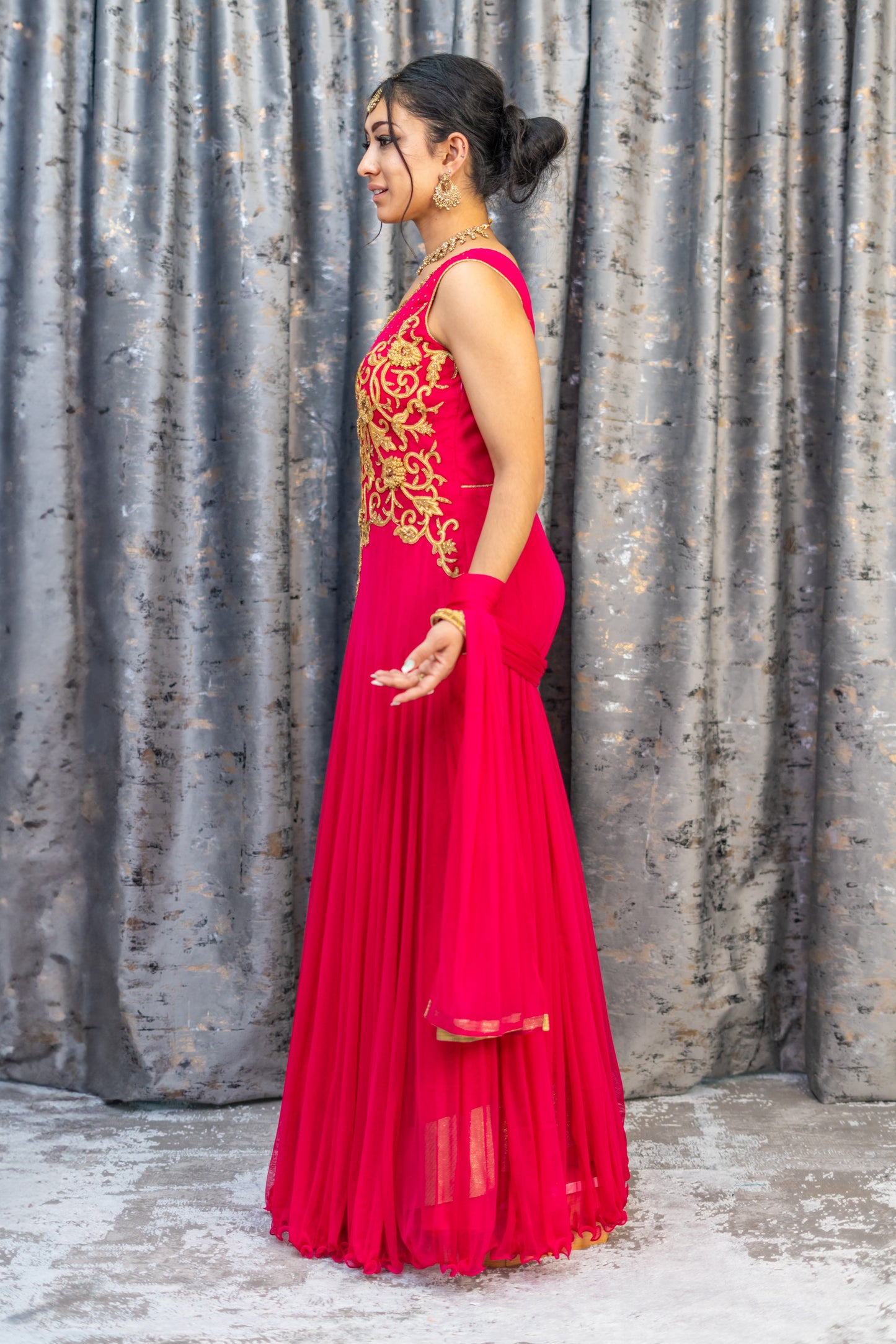 Hot Pink Net Punjabi Set with Swarovski Stone Work