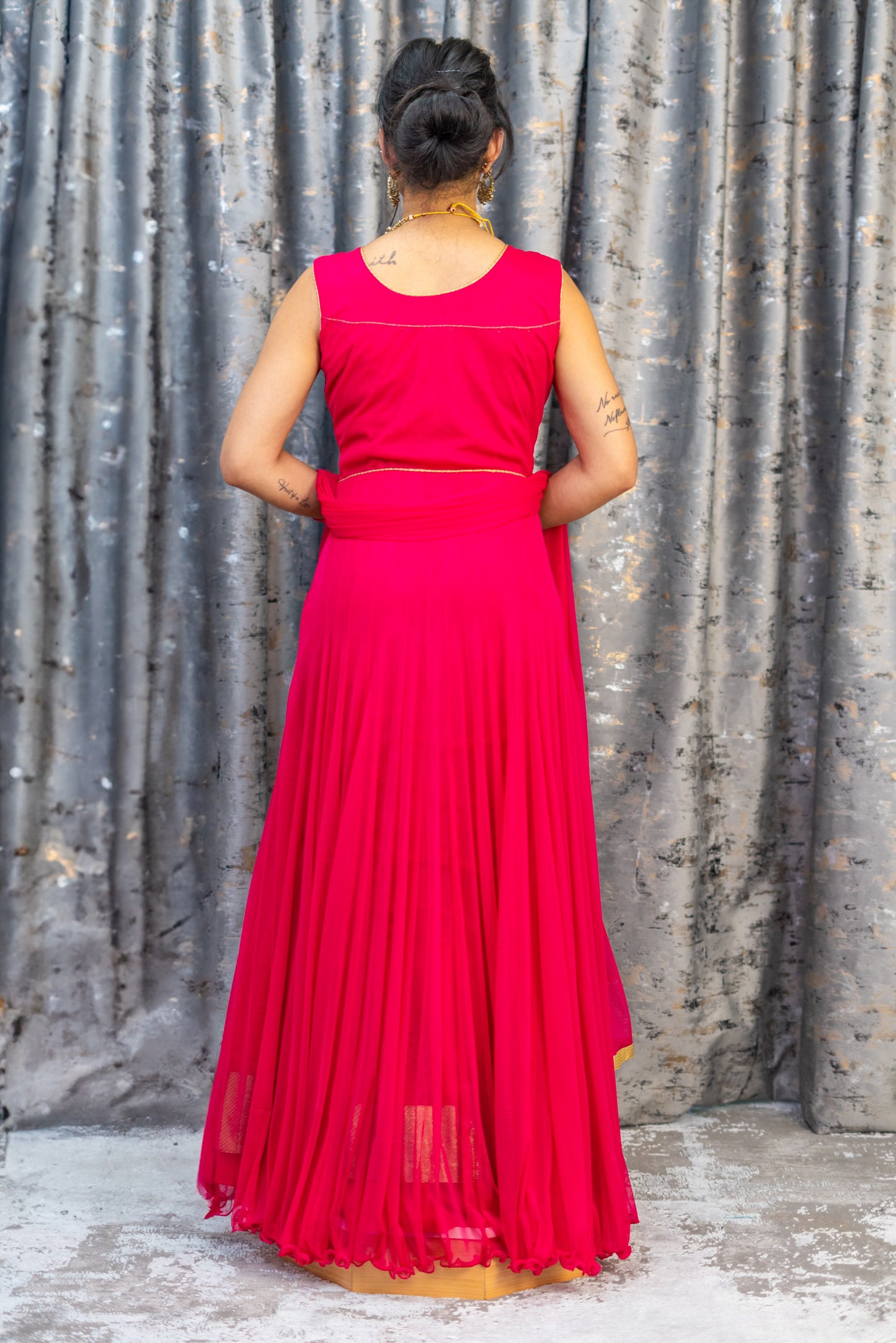 Hot Pink Net Punjabi Set with Swarovski Stone Work