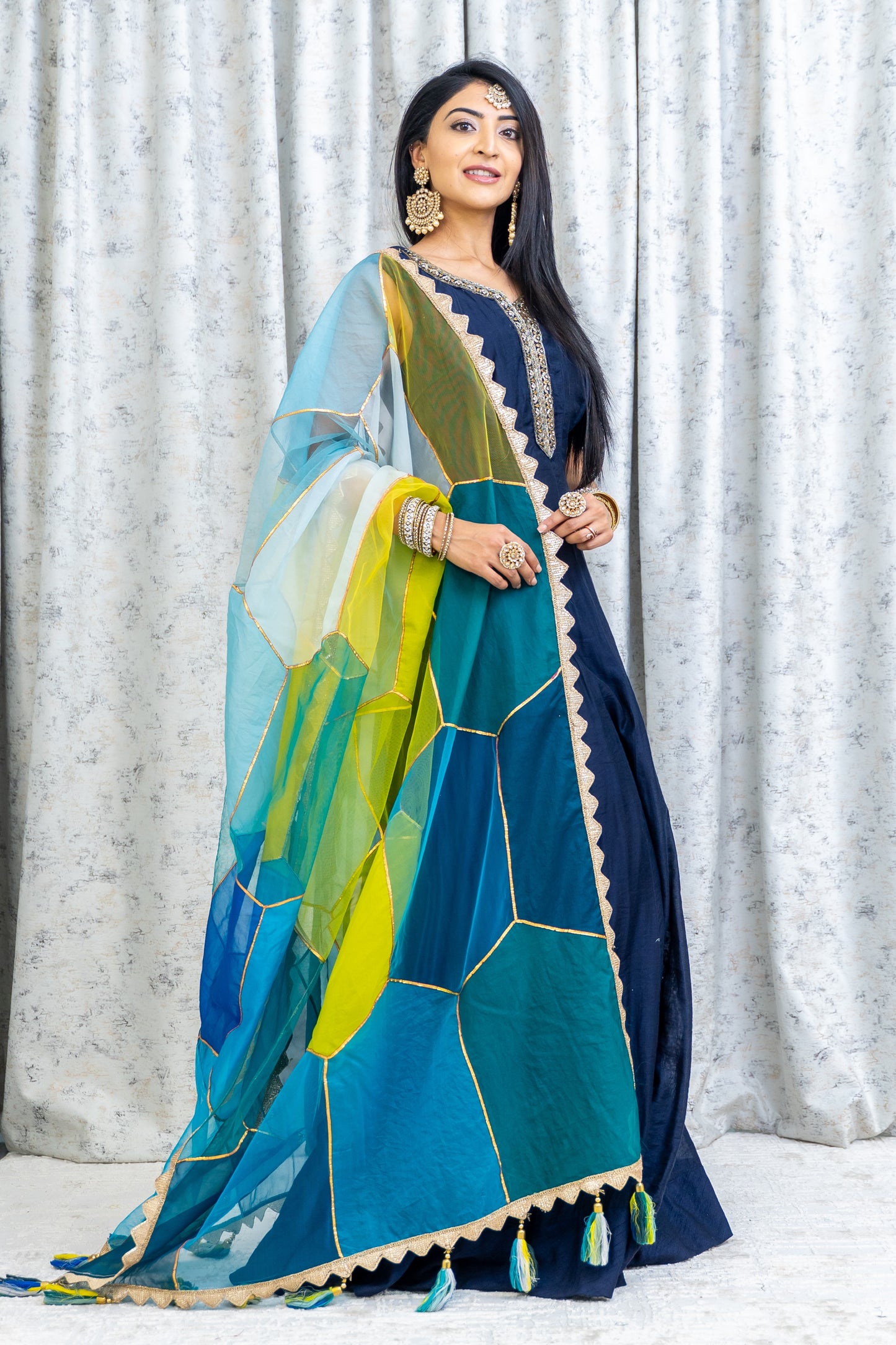 Navy Blue Cotton Punjabi Set with Contrast Dupatta